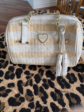 Betsey Johnson New York NY Collection Straw Woven White Tan Crossbody Tassels
